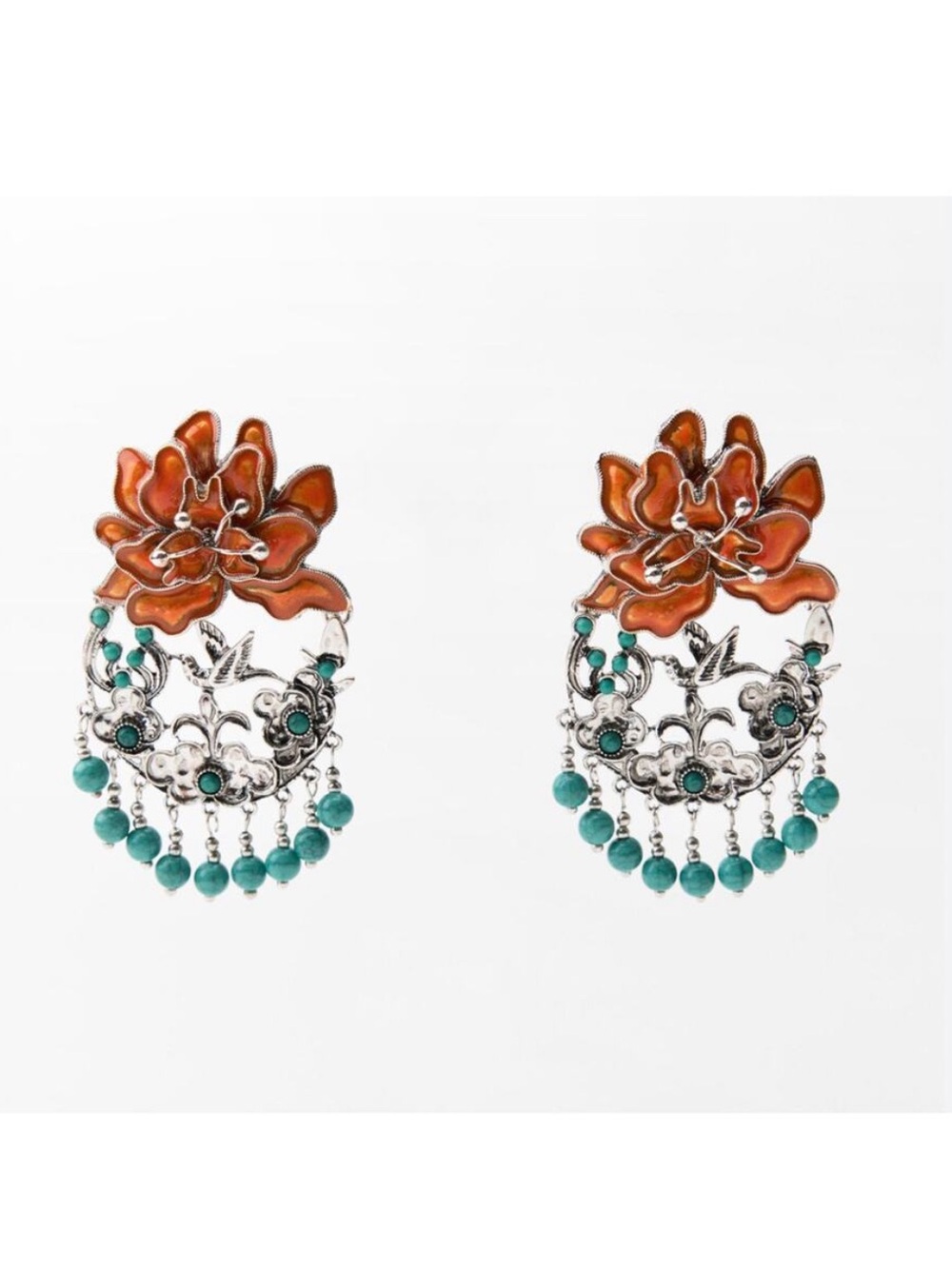 Zara Handcrafted Orange Floral Drop Earrings with Turquoise Beads - Picture 2 of 2